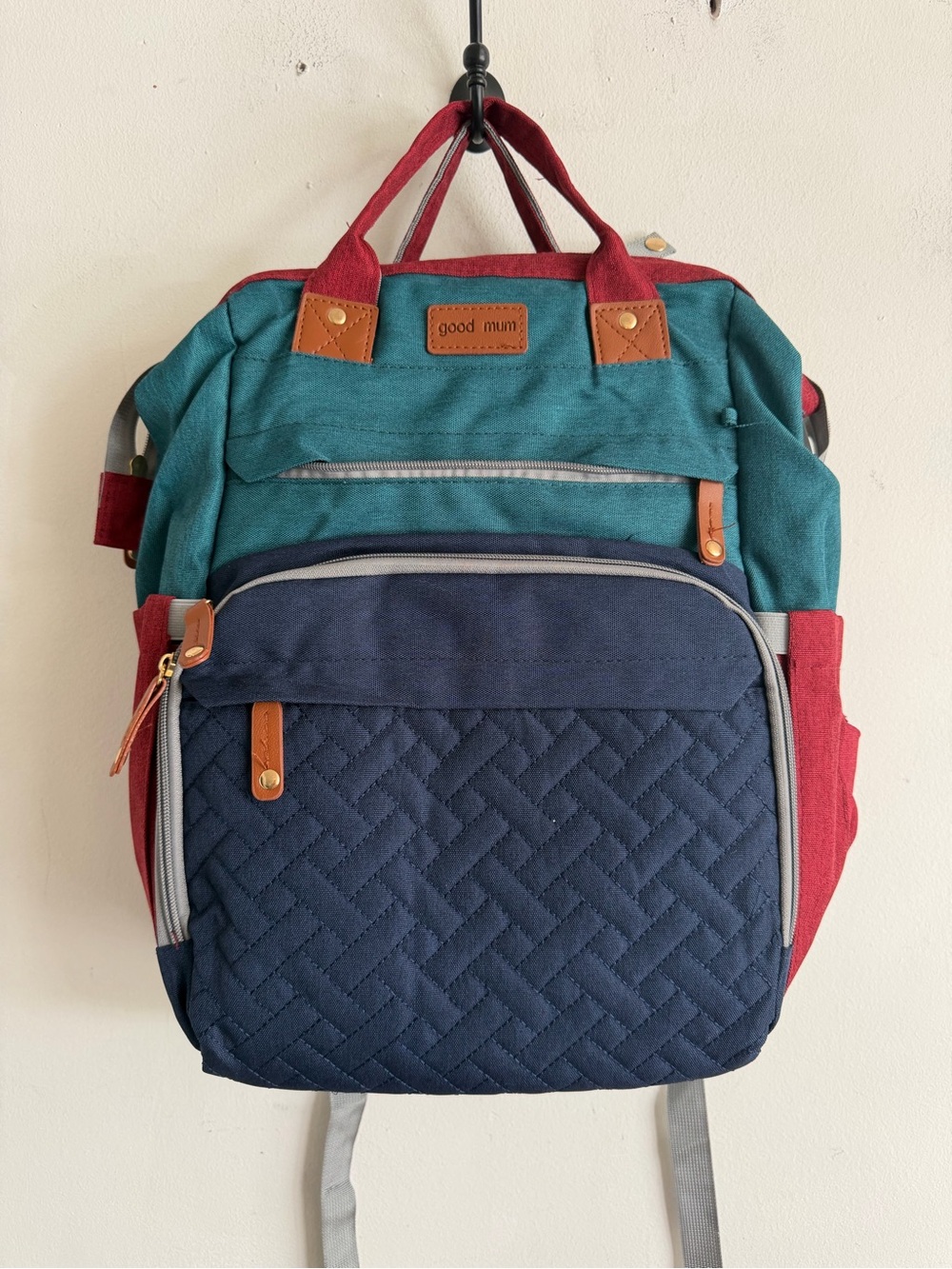 Teal, Navy & Red Baby Diaper Backpack